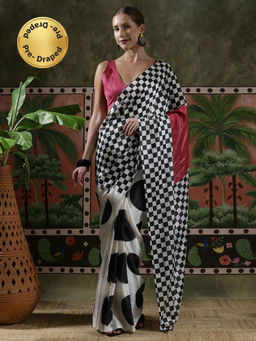 Lush Glam - Women White Beautiful Printed Chinon Ready To Wear Saree with Unstitched Blouse