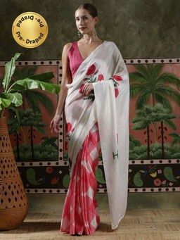 Lush Glam - Women White Beautiful Printed Chinon Ready To Wear Saree with Unstitched Blouse