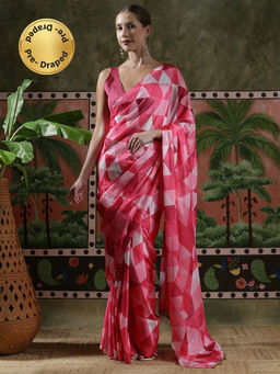 Lush Glam - Women Pink Beautiful Printed Chinon Ready To Wear Saree with Unstitched Blouse