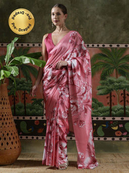 Lush Glam - Women Pink Beautiful Printed Chinon Ready To Wear Saree with Unstitched Blouse