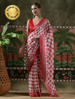Lush Glam - Women Red Beautiful Printed Chinon Ready To Wear Saree with Unstitched Blouse
