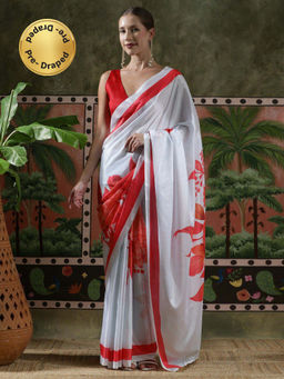 Lush Glam - Women White Beautiful Printed Chinon Ready To Wear Saree with Unstitched Blouse
