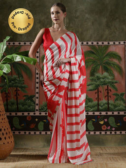Lush Glam - Women Red Beautiful Printed Chinon Ready To Wear Saree with Unstitched Blouse