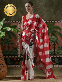 Lush Glam - Women Red Beautiful Printed Chinon Ready To Wear Saree with Unstitched Blouse