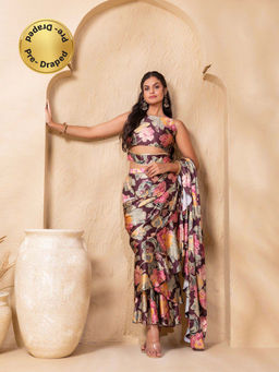 Mabish By Sonal Jain - Floral Print Wine Pre-Draped Frill Saree with Blouse