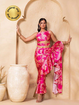 Mabish By Sonal Jain - Floral Print Pink Pre-Draped Frill Saree with Blouse