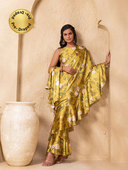 Mabish By Sonal Jain - Floral Print Green Pre-Draped Frill Saree with Blouse