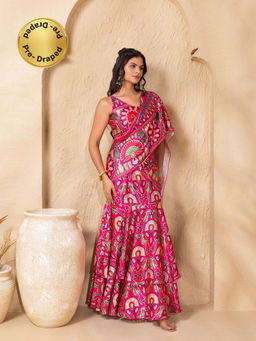 Mabish By Sonal Jain - Floral Print Pink Pre-Draped Double Layer Saree with Blouse