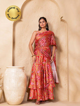 Mabish By Sonal Jain - Floral Print Red Pre-Draped Double Layer Saree with Blouse
