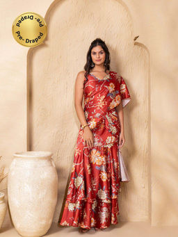 Mabish By Sonal Jain - Floral Print Rust Pre-Draped Double Layer Saree with Blouse