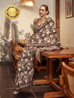 Modeva - Ready To Wear Saree with Unstitched Blouse Piece-Brown