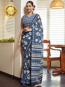 Modeva - Ready To Wear Saree with Unstitched Blouse Piece-Navy Blue