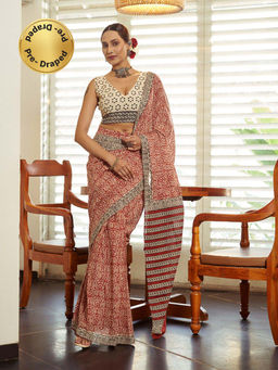 Modeva - Ready To Wear Saree with Unstitched Blouse Piece-Maroon