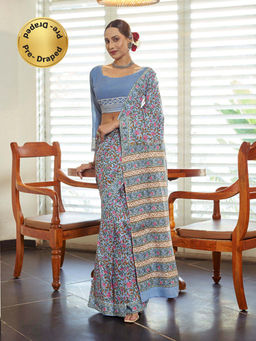 Modeva - Ready To Wear Saree with Unstitched Blouse Piece-Turquoise