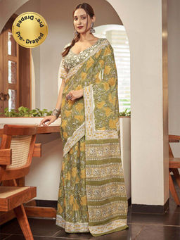 Modeva - Ready To Wear Saree with Unstitched Blouse Piece-Green