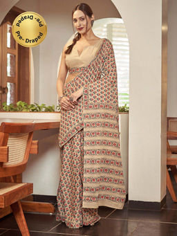 Modeva - Ready To Wear Saree with Unstitched Blouse Piece-Beige