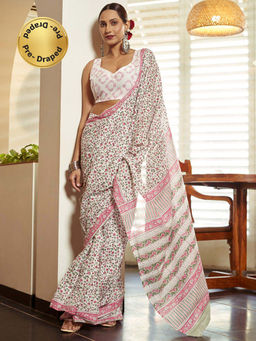 Modeva - Ready To Wear Saree with Unstitched Blouse Piece-White