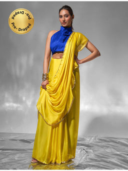 Modeva - Radiant Pre-Draped Yellow Solid Ready To Wear Saree and Unstitched Blouse