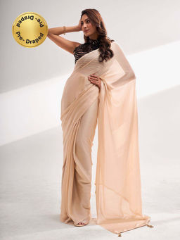 Modeva - Timeless Cream Pre-Draped Solid Ready To Wear Saree and Unstitched Blouse