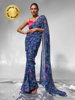 Modeva - Blue Blossom In Style Floral Satin Printed Ready To Wear Saree and Unstitched Blouse