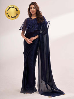 Modeva - Navy Blue Solid Saree with Cape Ready To Wear and Unstitched Blouse