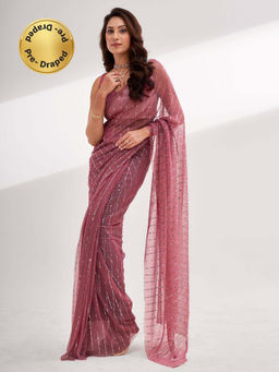 Modeva - Pink Sparkle Embellished Ready To Wear Saree and Unstitched Blouse