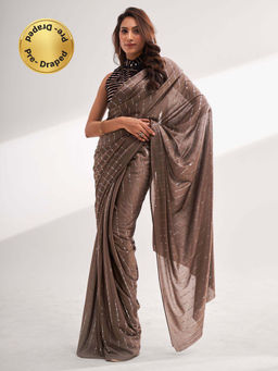 Modeva - Brown Embellished Fabric Ready To Wear Saree and Unstitched Blouse