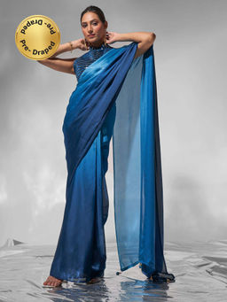 Modeva - Ombre Blue Ready-To-Wear Solid Saree and Unstitched Blouse