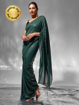 Modeva - Emerald Green Embellished Ready To Wear Saree and Unstitched Blouse