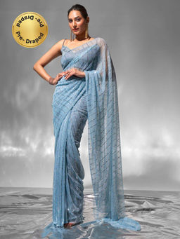 Modeva - Blue Sparkle Embellished Ready To Wear Saree and Unstitched Blouse