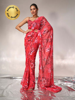 Modeva - Pink Blossom In Style Floral Printed Ready To Wear Saree and Unstitched Blouse