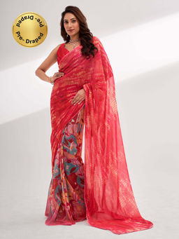 Modeva - Red Half Floral Printed Ready To Wear Saree and Unstitched Blouse