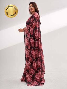Modeva - Black- Pink Floral Printed Ready To Wear Saree and Unstitched Blouse