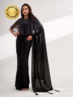 Modeva - Black Solid Saree with Cape Ready To Wear and Unstitched Blouse