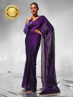 Modeva - Royal Purple Solid Ready To Wear Saree and Unstitched Blouse