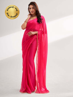 Modeva - Rosy Pink Solid Ready To Wear Saree and Unstitched Blouse