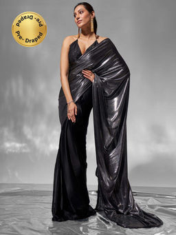 Modeva - Glamourous Black Half Solid-Sequined Ready To Wear Saree and Unstitched Blouse