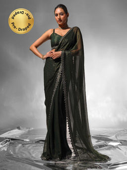 Modeva - Green Beads- Embellished Ready To Wear Saree and Unstitched Blouse