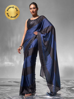 Modeva - Navy Blue- Black Colorblock Ready To Wear Saree and Unstitched Blouse
