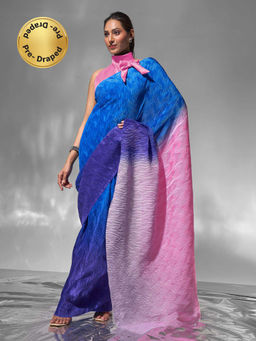 Modeva - Blue- Pink Ombre Ready To Wear Saree and Unstitched Blouse