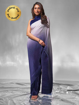 Modeva - Navy Blue Ombre Pleated Ready To Wear Saree and Unstitched Blouse