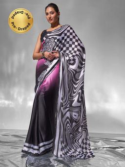 Modeva - Marvel Black-Pink Checks Printed Ready To Wear Saree and Unstitched Blouse
