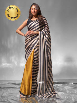 Modeva - Black- Yellow Half Printed Stripes Designer Ready To Wear Saree and Unstitched Blouse