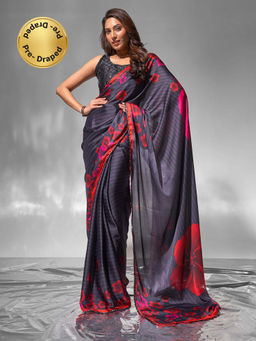 Modeva - Midnight Blooms Black Floral Printed Ready To Wear Saree and Unstitched Blouse