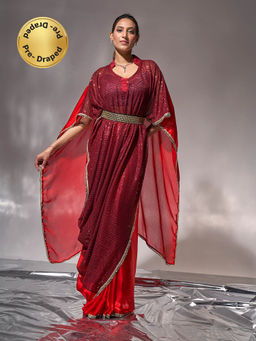 Modeva - Red Pre-Draped Kaftan Embellished Ready To Wear Saree with Unstitched