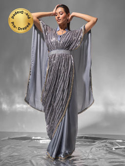 Modeva - Grey Pre-Draped Embellished Kaftan Ready To Wear Saree with Unstitched