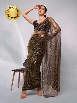 Modeva - Womens Sparkle with Sequinned Pre Draped Saree with Unstitched Blouse