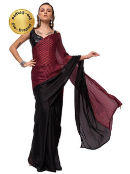 Modeva - Womens Embrace the Allure this Black & Maroon Printed Pre Draped Saree with Unstitched Blouse