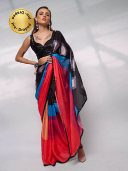 Modeva - Womens Sleek Stylish Elevate Partywear Printed Satin Pre Draped Saree with Unstitched Blouse
