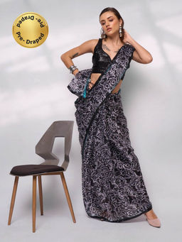 Modeva - Womens Embracing the allure with Captivating Black Pre Draped Saree with Unstitched Blouse